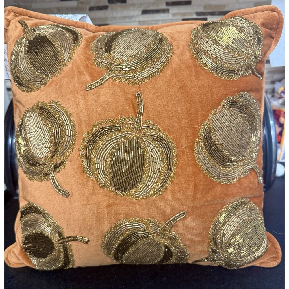 Bella Lux Gold Beaded Pumpkin Pillow Halloween Fall Thanksgiving Autumn 14"×14"